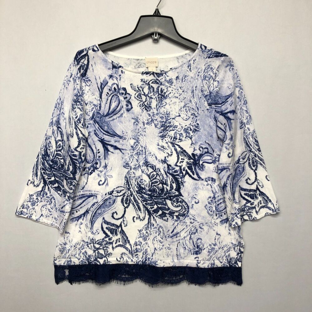 Chico's Women 3/4 Sleeve Blouse Top Shirt Size 1 Boho Lace Trim Bottom M134 -9